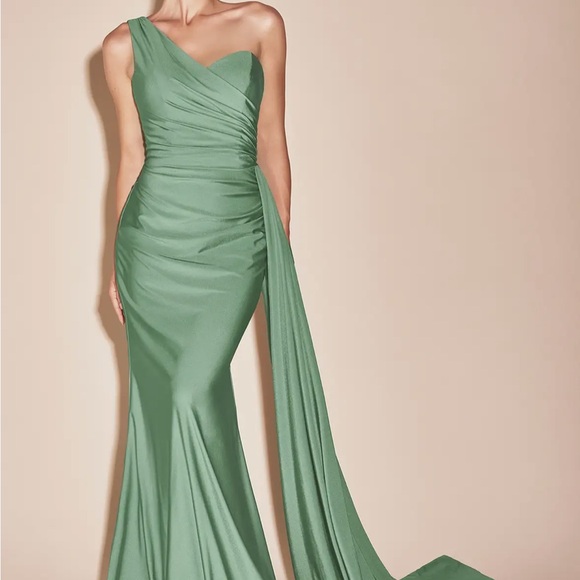 Dresses & Skirts - One-Shoulder Sage Green Evening Gown